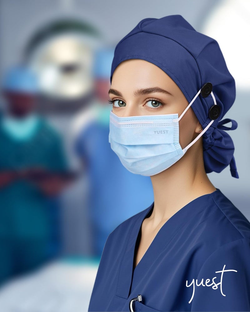 Yuest 2 Pack Classic Scrub Caps for Women Ponytail, Satin Lined Surgical Caps for Women with Bottons & Sweatband - Image 3