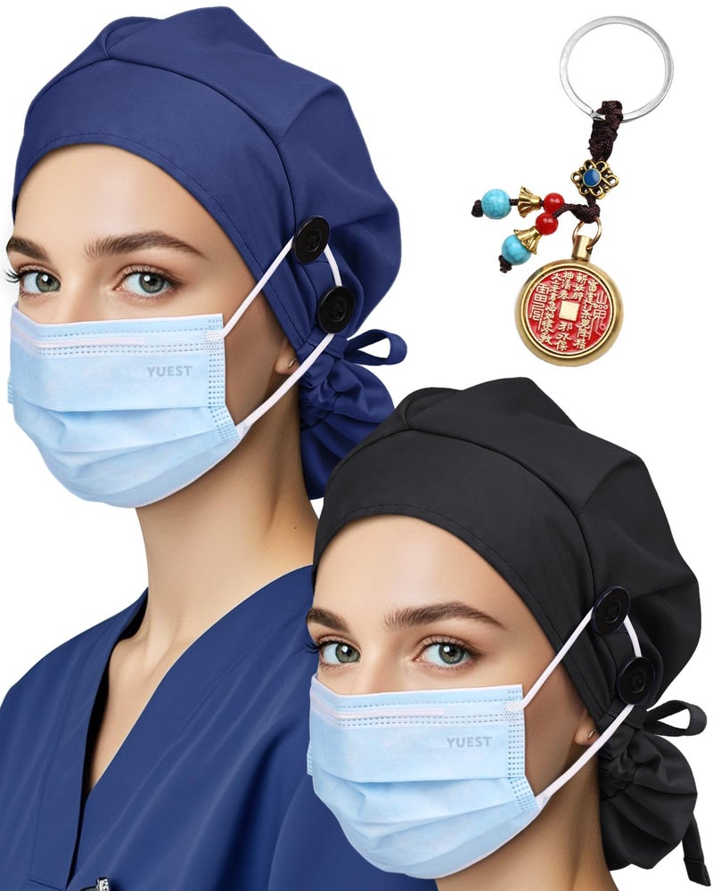 Yuest 2 Pack Classic Scrub Caps for Women Ponytail, Satin Lined Surgical Caps for Women with Bottons & Sweatband - Image 1
