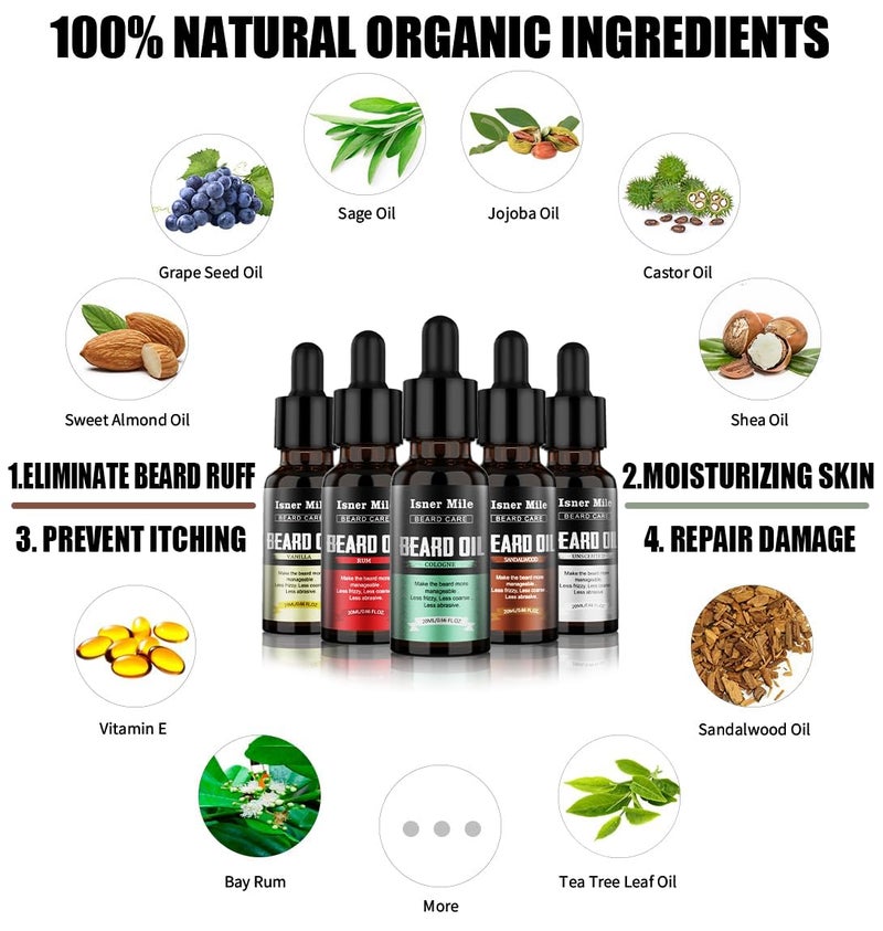 ISNER MILE Beard Oil Kit Stocking Stuffers: Gifts for Men Him Dad Boyfriend, Mustaches Conditioner - Soften - Strength with Sandalwood, Bay Rum, Vanilla, Cologne, Unscented, Beard Grooming and Care - Image 3