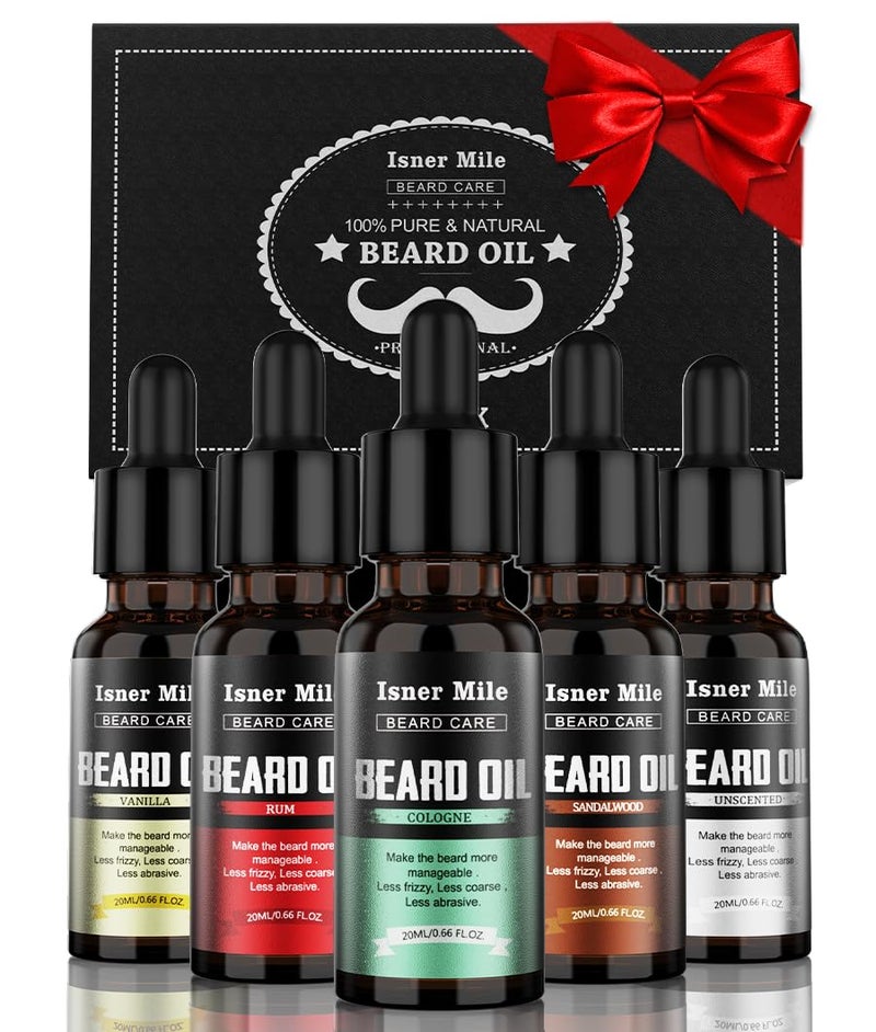 ISNER MILE Beard Oil Kit Stocking Stuffers: Gifts for Men Him Dad Boyfriend, Mustaches Conditioner - Soften - Strength with Sandalwood, Bay Rum, Vanilla, Cologne, Unscented, Beard Grooming and Care - Image 1