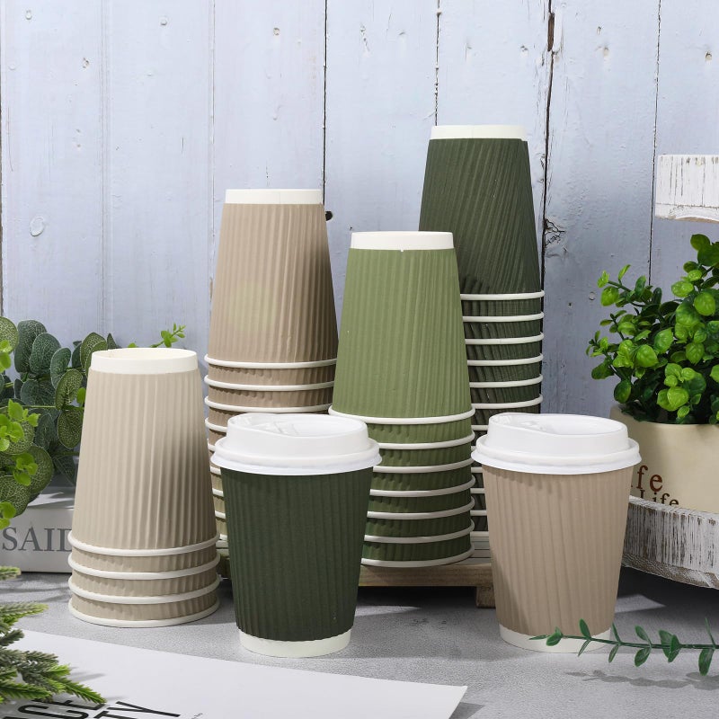 Whaline 100Pcs Nude Sage Green Disposable Coffee Cups with Lids 12oz Milky White Brown Green Paper Cups Corrugated Ripple Wall Insulated Hot Cups for Home Office Party Supplies - Image 2