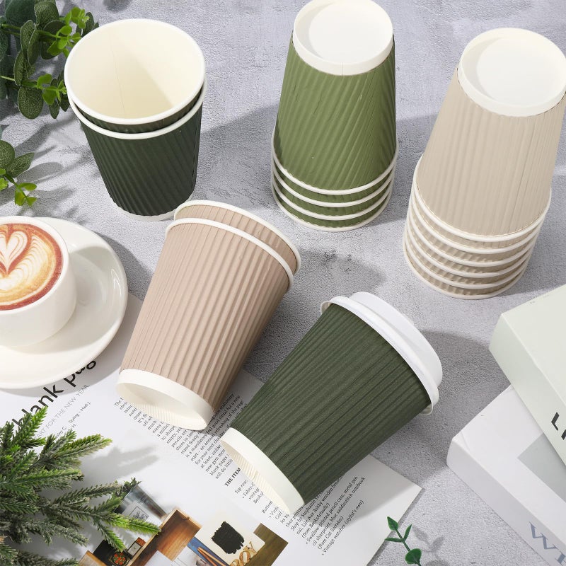Whaline 100Pcs Nude Sage Green Disposable Coffee Cups with Lids 12oz Milky White Brown Green Paper Cups Corrugated Ripple Wall Insulated Hot Cups for Home Office Party Supplies - Image 3