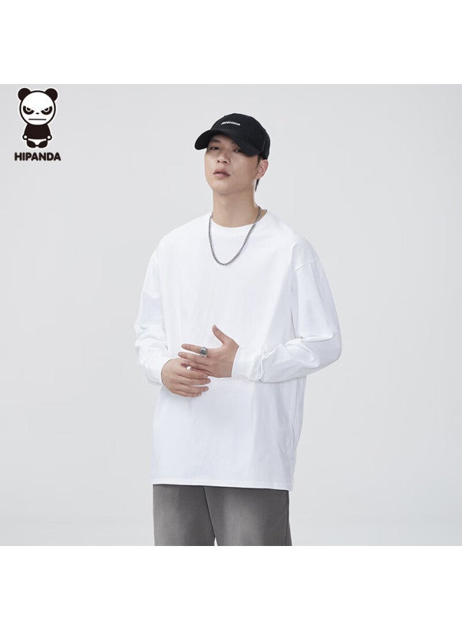Hipanda Men's Long Sleeve T-shirt, Spring And Summer, Pure Cotton, Simple Basic Style, Round Neck, Solid Color, Inner Layer, Heavyweight Undershirt, White, Size L - Image 1