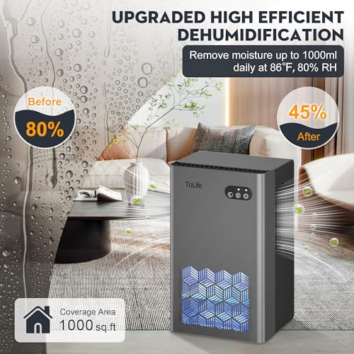 ToLife Dehumidifier for Home 95 OZ Water Tank, 1000 sq.ft Dehumidifiers for Basement Bedroom Bathroom with Auto Shut Off 7 Colors LED Light, Grey - Image 2