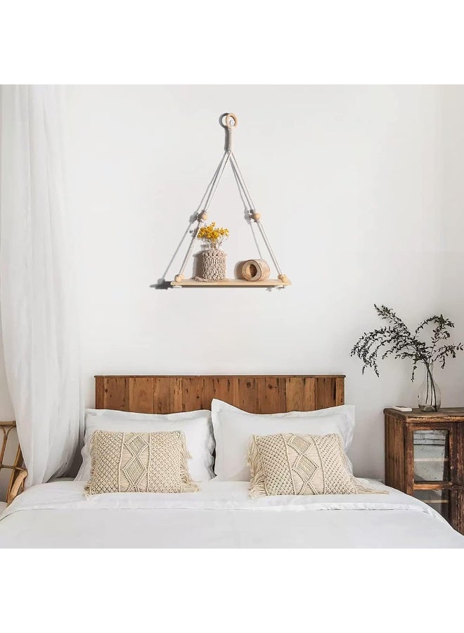 2 Pack Wooden Wall Hanging Shelves - Macrame Hanging Plant Shelf Boho, Handmade Rustic Hanger Planter Rack Flower Pot Stand Holder Storage Floating Shelves - Image 3