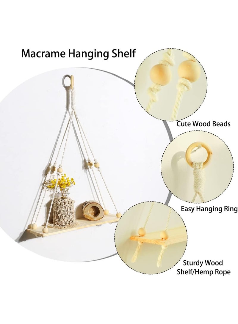 2 Pack Wooden Wall Hanging Shelves - Macrame Hanging Plant Shelf Boho, Handmade Rustic Hanger Planter Rack Flower Pot Stand Holder Storage Floating Shelves - Image 4
