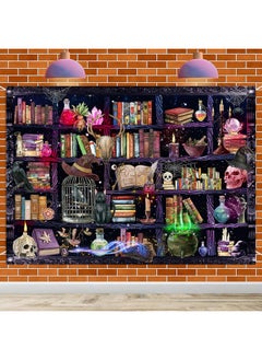 Halloween Mad Scientist Backdrop Laboratory Magical Bookshelf Banner Decorations 8X6Ft Skull Poison Apothecary Magic Witch Kitchen Background For Kids Halloween Party Supplies Photo Props