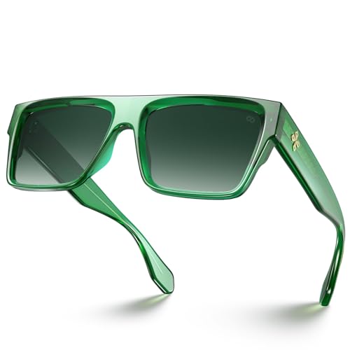 VISOONE Oversized Square Flat Top Sunglasses - Trendy Green Frame with Gradient Green Lenses Premium Wire Core Temples UV400 Eye-Relaxing Shades Alba - Image 1