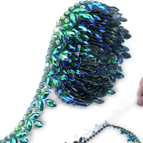 PEARLY JUN 2 Yards Green Crystal Rhinestone Ribbon Self Adhesive Rhinestone Tape Diamond Ribbon Jewels DIY Stickers Diamond Strips Roll for Christmas Party Phone Dress Wedding Cake Decoration - Image 1