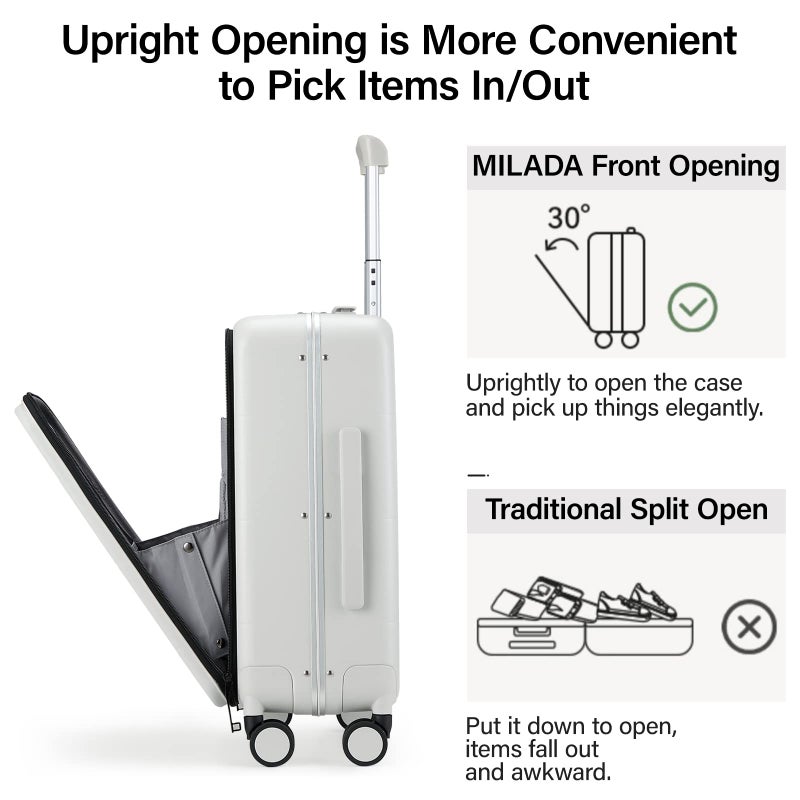 MILADA Carry On Luggage 22x14x9 Airline Approved Spinner Wheels TSA Luggage 20 Inch Hard Shell Suitcases Front Opening Pocket Rolling Aluminum Frame Travel Luggage,Smoke White - Image 4