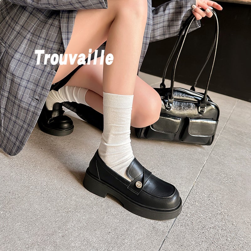 Xinlixing Soft Leather Gold Coin Lazy Loafers Women'S Retro Elegant Commuter British Square Heel Small Leather Shoes - Image 3