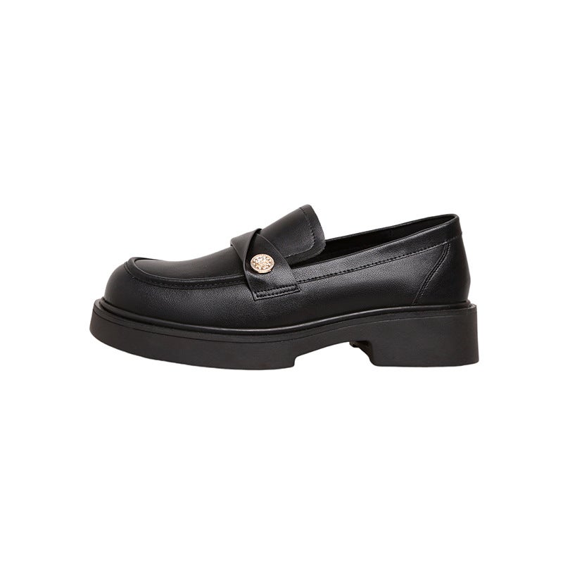 Xinlixing Soft Leather Gold Coin Lazy Loafers Women'S Retro Elegant Commuter British Square Heel Small Leather Shoes - Image 1