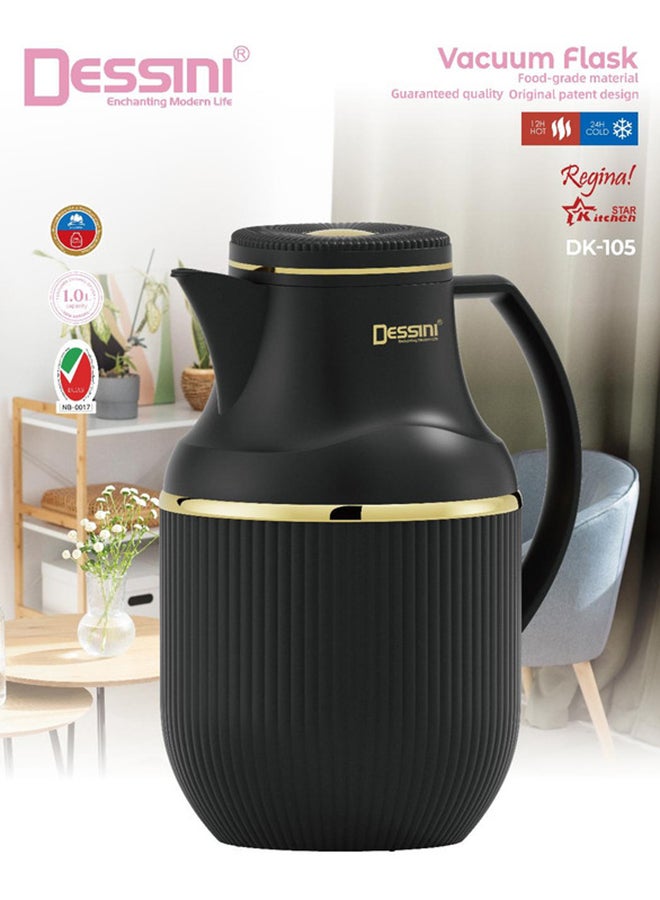 DESSINI Dessini Tea & Coffee Vacuum Flask 1L Dk105 Black/Gold  - Image 1