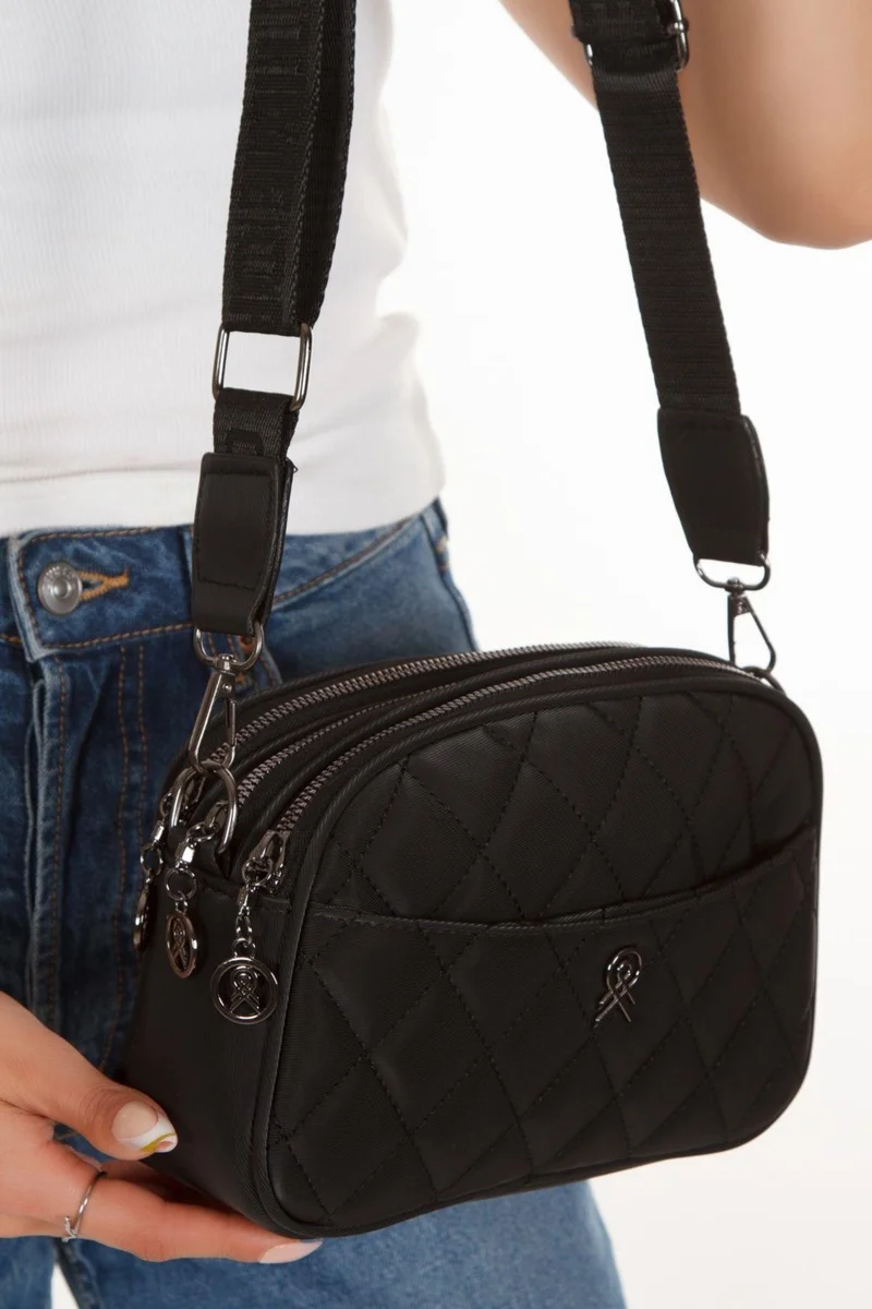 Newish Polo Newish polo Black Quilted Patterned Vegan Leather Women's Shoulder, Crossbody Shoulder Bag