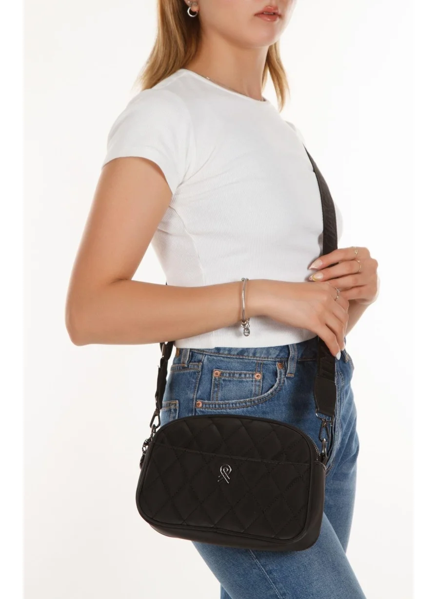 Newish Polo Newish polo Black Quilted Patterned Vegan Leather Women's Shoulder, Crossbody Shoulder Bag