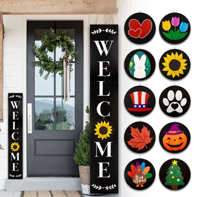 Monjita Welcome Sign for Front Porch Standing, Interchangeable Wooden Sign with 5 Designed Double-Sided Icons for Front Door, All Seasonal Farmhouse Rustic Modern Porch Decor for Fall Harvest - Image 1