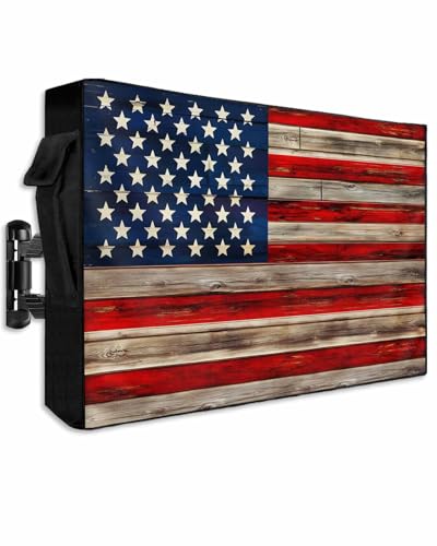 LBCASA American Flag Outdoor TV Cover 40 to 43 Inch Weatherproof Vintage Red Stripes Wooden 600D Oxford TV Covers with Zipper USA Flag Outside Flat TV Screen Protector Size 40W x 25H x 45D - Image 1