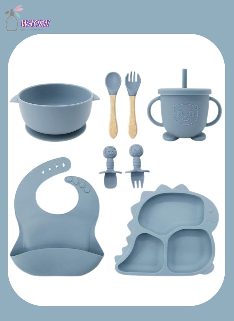 WAOKN 8Pcs Baby Silicone Tableware Set Special For Infants To Eat Their Own Training Tableware Set Including Complementary Food Bowl Sippy Cup Dinner Plate Bib Fork And Spoon(Grayish blue)  - Image 1