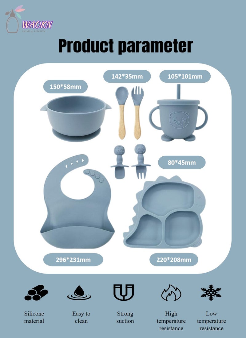 WAOKN 8Pcs Baby Silicone Tableware Set Special For Infants To Eat Their Own Training Tableware Set Including Complementary Food Bowl Sippy Cup Dinner Plate Bib Fork And Spoon(Grayish blue)  - Image 2