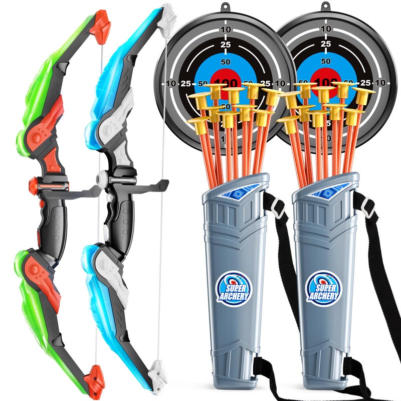 TEMI 2 Pack Set Kids Archery Bow Arrow Toy Set Outdoor Hunting Play with 2 Bow 20 Suction Cup Arrows 2 Target & 2 Quiver, LED Light Up Function Toy, Outdoor Toys for Kids, Boys & Girls Ages 3-12 - Image 1