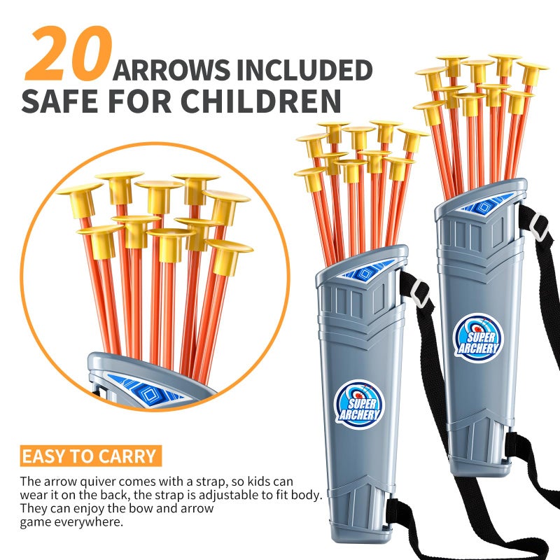 TEMI 2 Pack Set Kids Archery Bow Arrow Toy Set Outdoor Hunting Play with 2 Bow 20 Suction Cup Arrows 2 Target & 2 Quiver, LED Light Up Function Toy, Outdoor Toys for Kids, Boys & Girls Ages 3-12 - Image 4