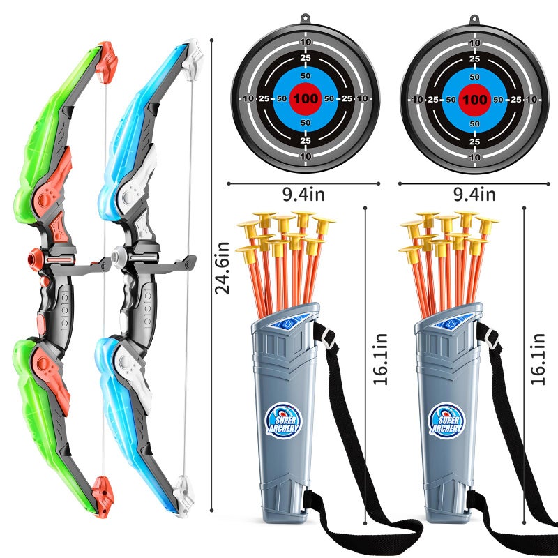 TEMI 2 Pack Set Kids Archery Bow Arrow Toy Set Outdoor Hunting Play with 2 Bow 20 Suction Cup Arrows 2 Target & 2 Quiver, LED Light Up Function Toy, Outdoor Toys for Kids, Boys & Girls Ages 3-12 - Image 2