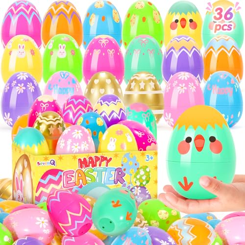SevenQ Plastic Easter Eggs Empty Fillable 36 Pcs 315 Printed Colorful Egg for Hunt Basket Stuffers for Teens Pinata Goodie Gift Bags Fillers Treats Treasure Box Toys Classroom Party Favors Supplies - Image 1
