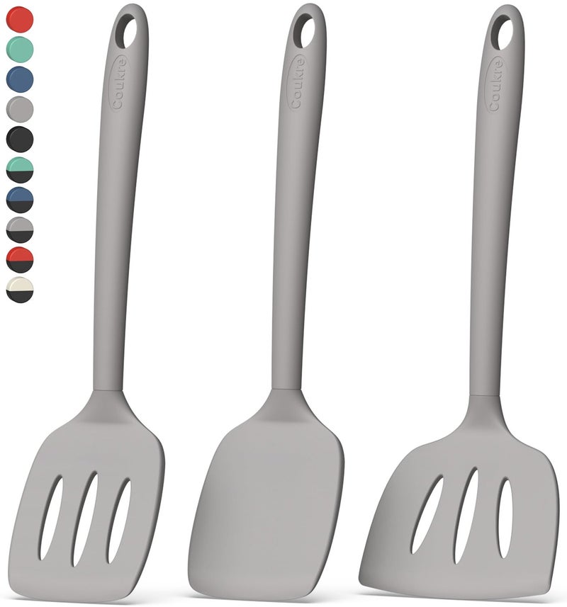 Coukre 3 Pack Silicone Spatula Set, High Heat Resistant, BPA-Free, Fish Spatula, Solid & Slotted Turner for Non-Stick Pans, Flipping Eggs, Pancakes, Fish, Burgers (3, PureGray) - Image 1