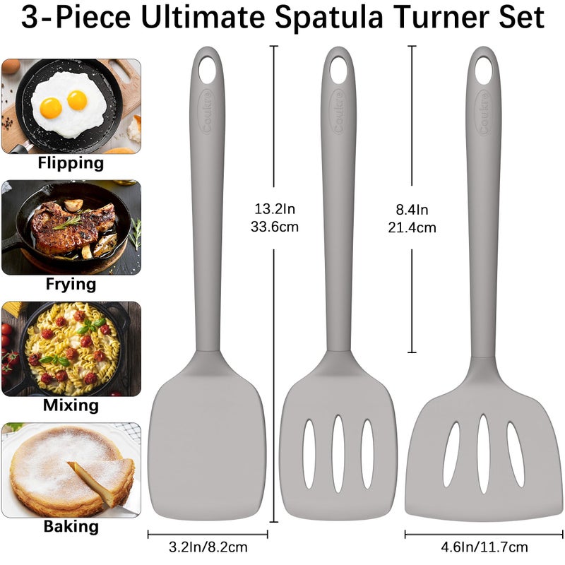 Coukre 3 Pack Silicone Spatula Set, High Heat Resistant, BPA-Free, Fish Spatula, Solid & Slotted Turner for Non-Stick Pans, Flipping Eggs, Pancakes, Fish, Burgers (3, PureGray) - Image 2