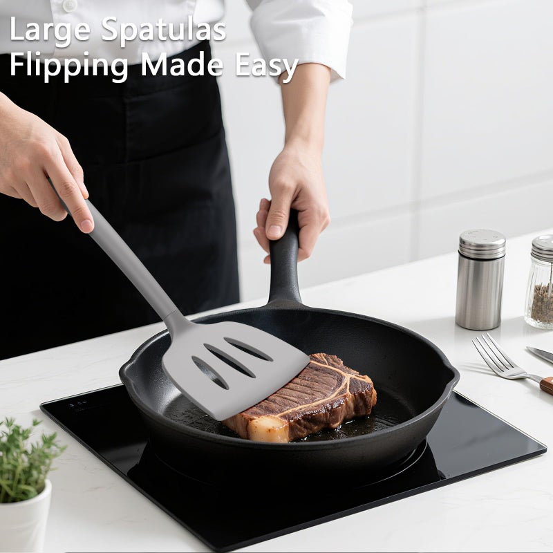 Coukre 3 Pack Silicone Spatula Set, High Heat Resistant, BPA-Free, Fish Spatula, Solid & Slotted Turner for Non-Stick Pans, Flipping Eggs, Pancakes, Fish, Burgers (3, PureGray) - Image 3