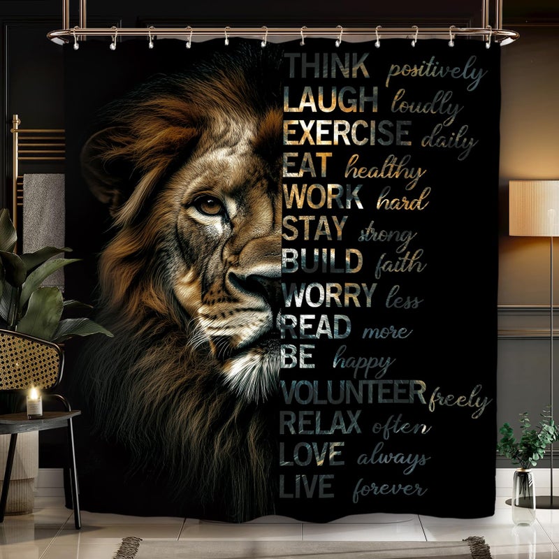 Miyotaa Lion Motivational Quotes Shower Curtain Set 60Wx71H Inches Black Inspirational Positive Wildlife Animal Cool Man Polyester Waterproof Cloth Bathroom Curtain with 12 Hooks