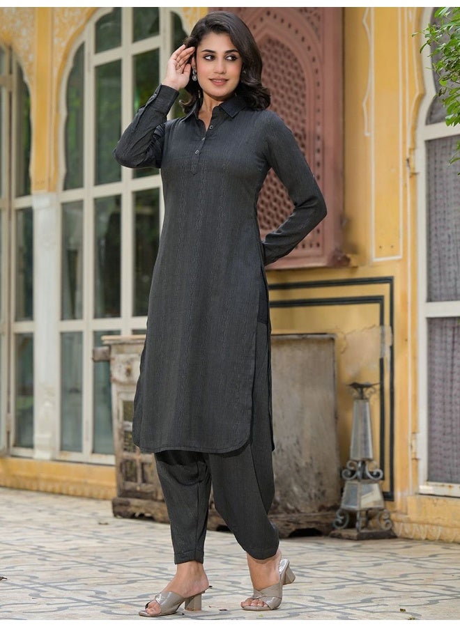 AKS Black Self Design Pathani Kurta  - Image 5