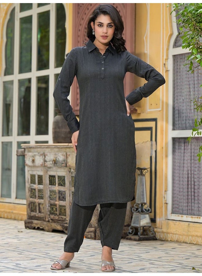 AKS Black Self Design Pathani Kurta  - Image 1