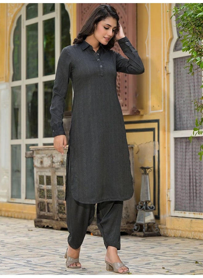 AKS Black Self Design Pathani Kurta  - Image 3