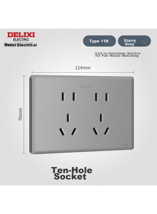 Delixi 118 Model Switch Socket Panel, Cd696 Ultra-thin Aesthetic Large Panel, Ten-hole Socket, Space Gray - Image 1