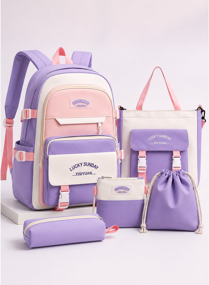 5-Piece Girls School Bag, Large Capacity Lightweight Backpack Set with Lunch Bag, Pencil Case, Handbag & Coin Purse for Teen Students - Image 1