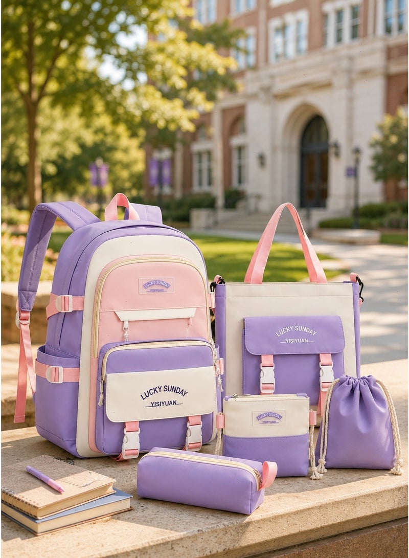 5-Piece Girls School Bag, Large Capacity Lightweight Backpack Set with Lunch Bag, Pencil Case, Handbag & Coin Purse for Teen Students - Image 5