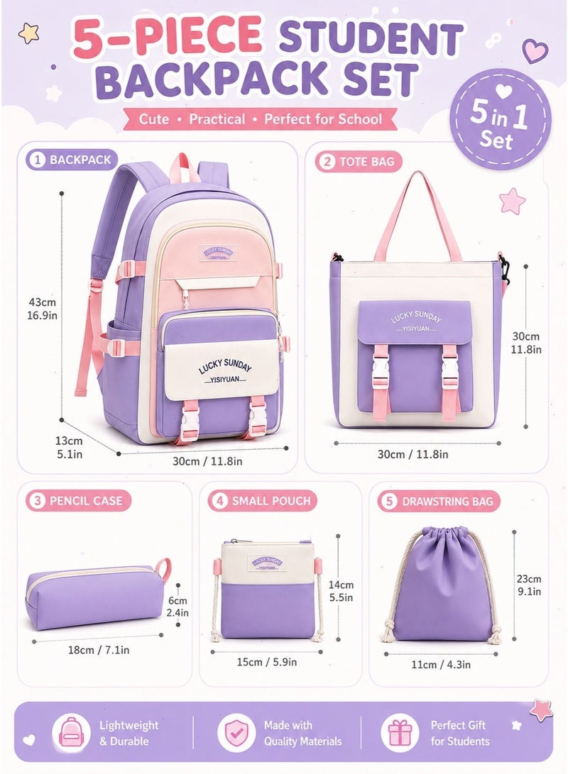 5-Piece Girls School Bag, Large Capacity Lightweight Backpack Set with Lunch Bag, Pencil Case, Handbag & Coin Purse for Teen Students - Image 2