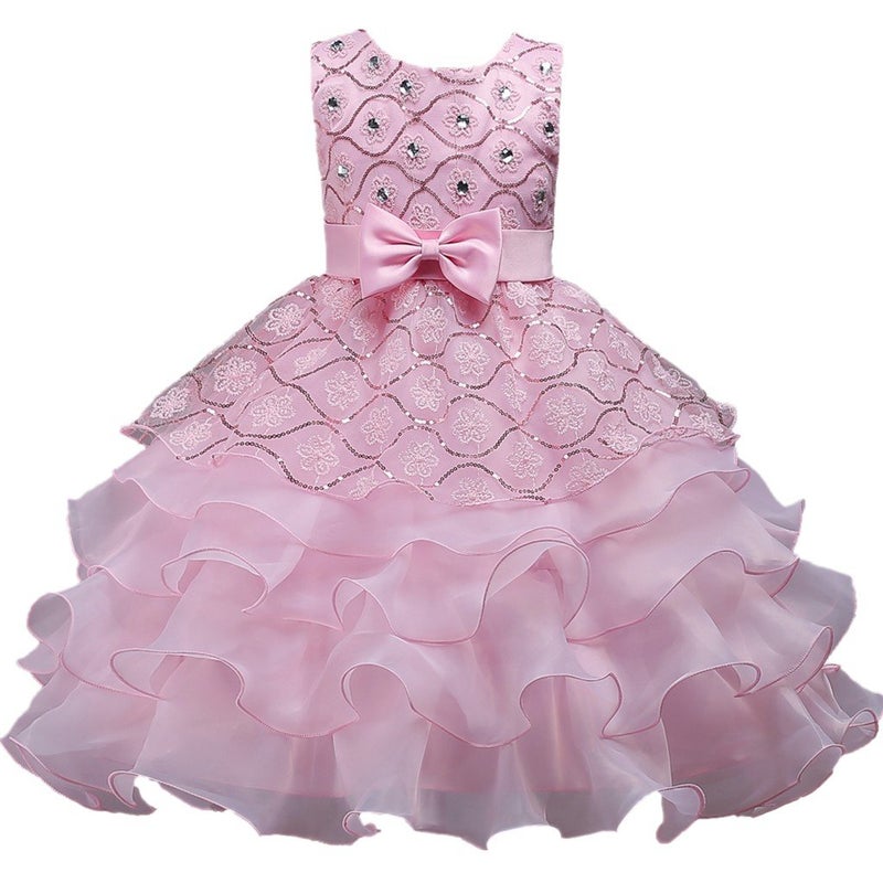 DreamHigh Wedding Flower Girl's Ruffles Lace Cute Bow Waist Evening Dress up Pink 3-4 Years - Image 1