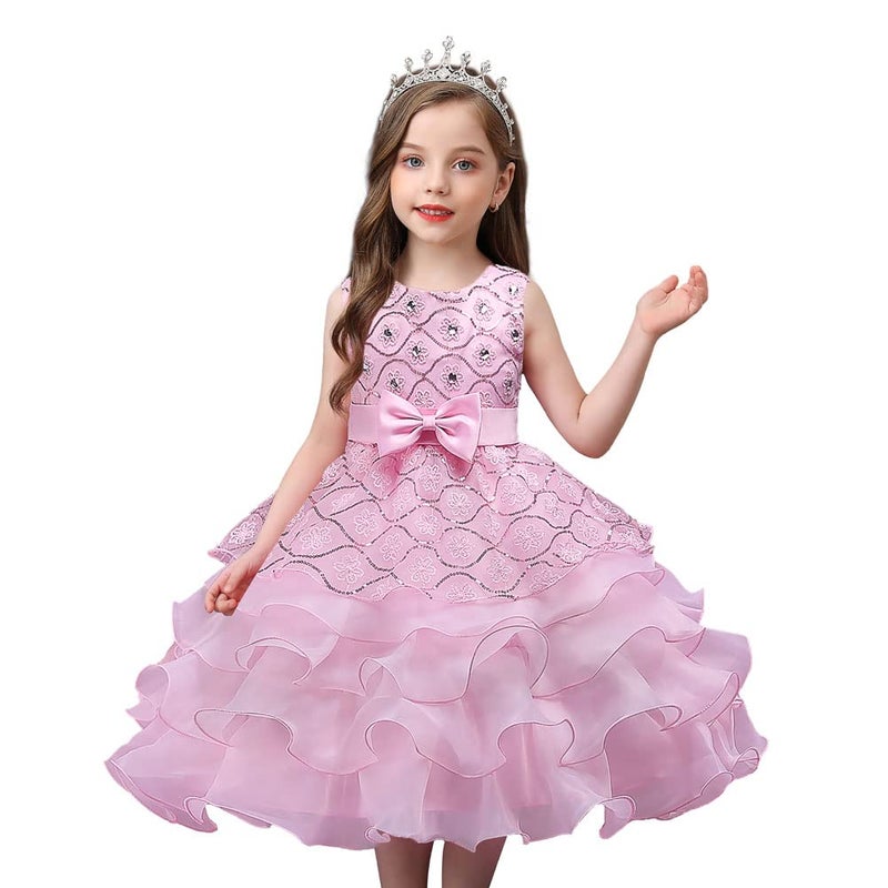 DreamHigh Wedding Flower Girl's Ruffles Lace Cute Bow Waist Evening Dress up Pink 3-4 Years - Image 2
