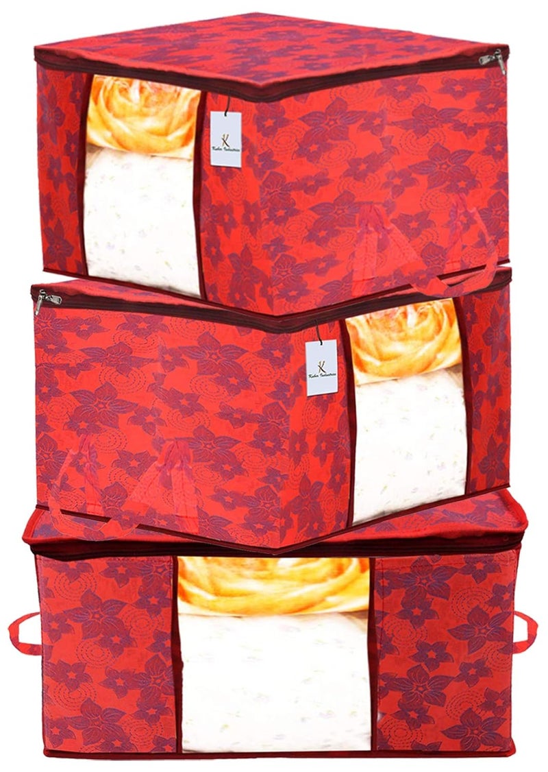 Kuber Industries Kuber Industries Metalic Printed 3 Pieces Non Woven Fabric Underbed Storage Bag Cloth Organiser Blanket Cover with Transparent Window RedKUBMART2912  - Image 1