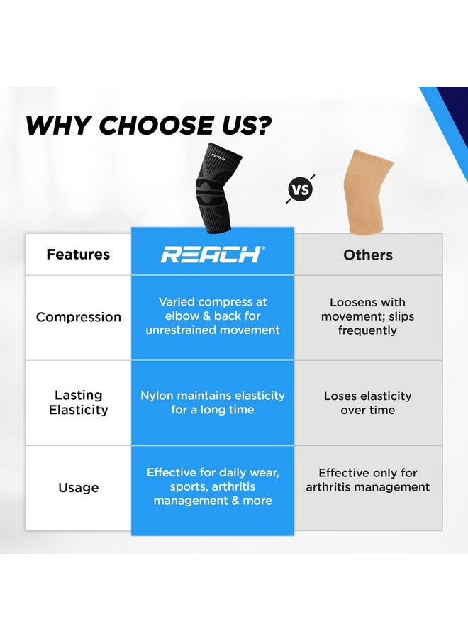 REACH - REACH Elbow Support for Gym | Elbow Band for Pain Relief | Nylon Material | Tennis Elbow Band for Men & Women | Elbow Guard Cricket, Badminton & Sports | Compression Technology & No Marks |Black-Small - Image 1
