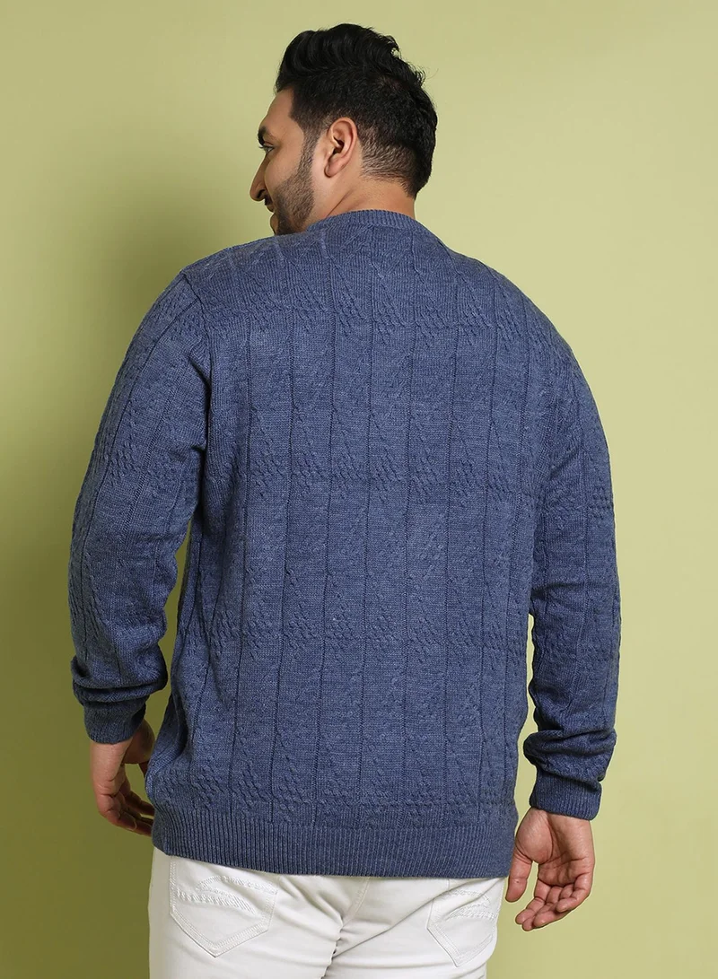 Instafab Plus Instafab Plus Men's Blue Textured Knit Pullover Sweater For Casual Wear | Crew Neck | Long Sleeve | Pull On Closure | Woll sweater Crafted With Comfort Fit For Everyday Wear