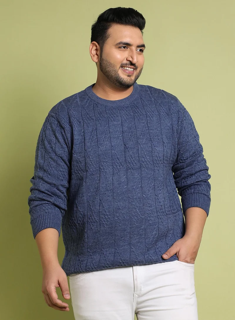 Instafab Plus Instafab Plus Men's Blue Textured Knit Pullover Sweater For Casual Wear | Crew Neck | Long Sleeve | Pull On Closure | Woll sweater Crafted With Comfort Fit For Everyday Wear