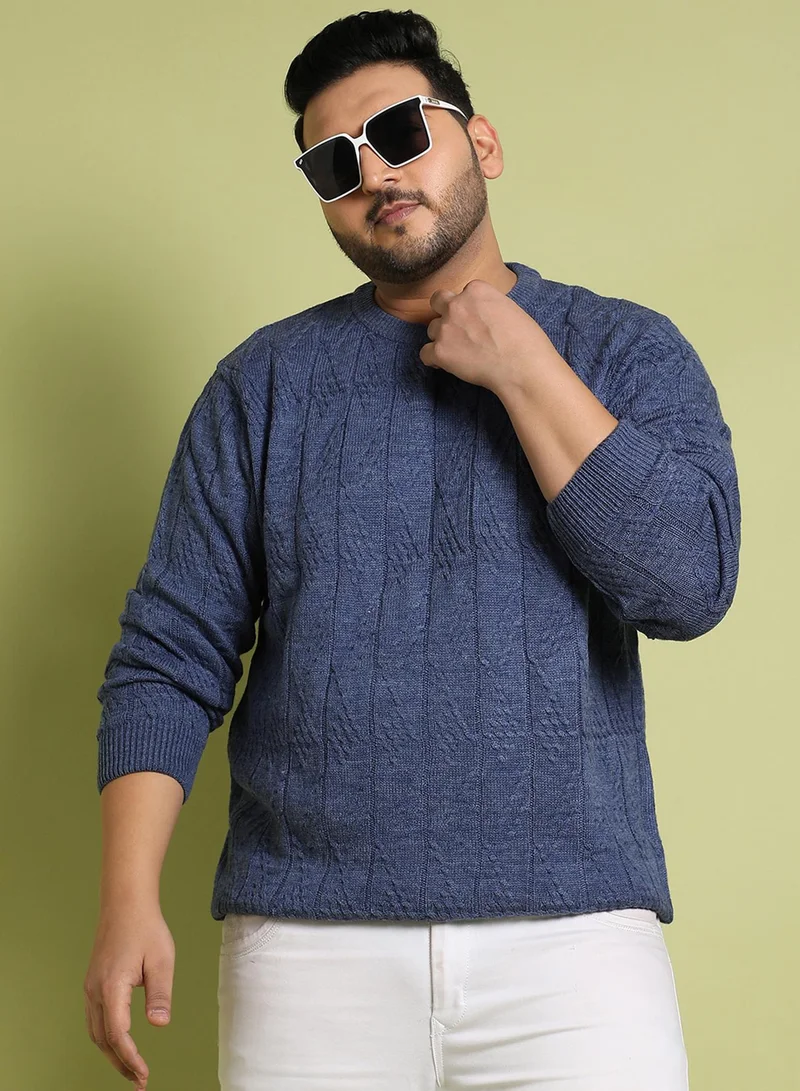Instafab Plus Instafab Plus Men's Blue Textured Knit Pullover Sweater For Casual Wear | Crew Neck | Long Sleeve | Pull On Closure | Woll sweater Crafted With Comfort Fit For Everyday Wear