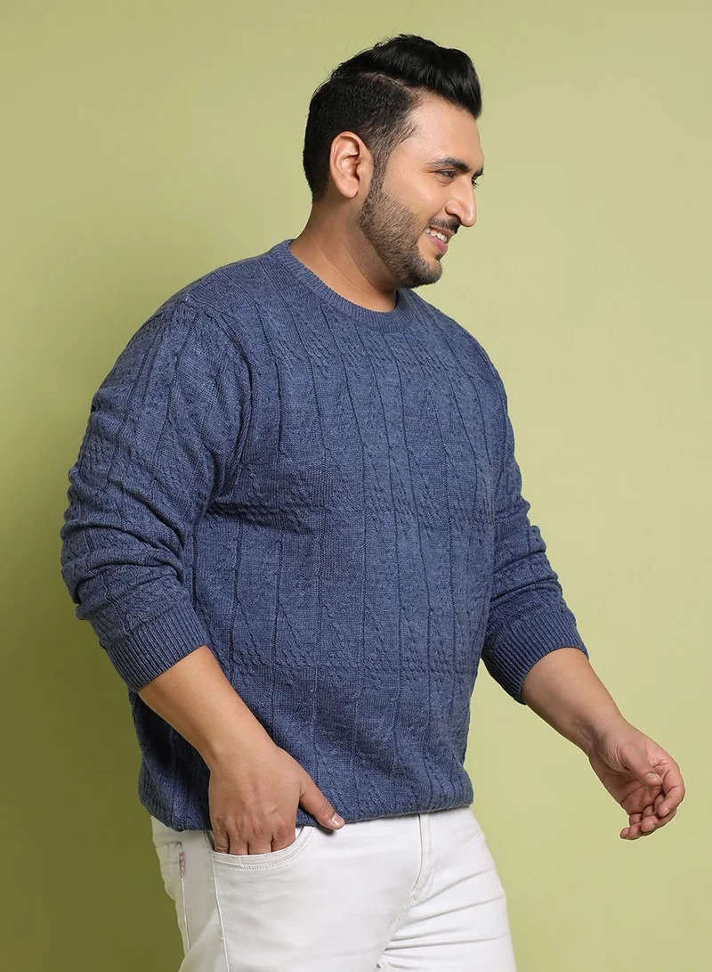 Instafab Plus Instafab Plus Men's Blue Textured Knit Pullover Sweater For Casual Wear | Crew Neck | Long Sleeve | Pull On Closure | Woll sweater Crafted With Comfort Fit For Everyday Wear