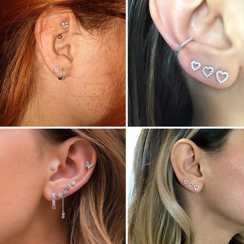 ALEXCRAFT 925 Sterling Silver Post Stud Earrings 6 Pairs Set 14K White Gold Plated Minimalist Earrings Heart Flower Zirconia Studs Star Heart Diamond Silver Earring for Women - Image 3