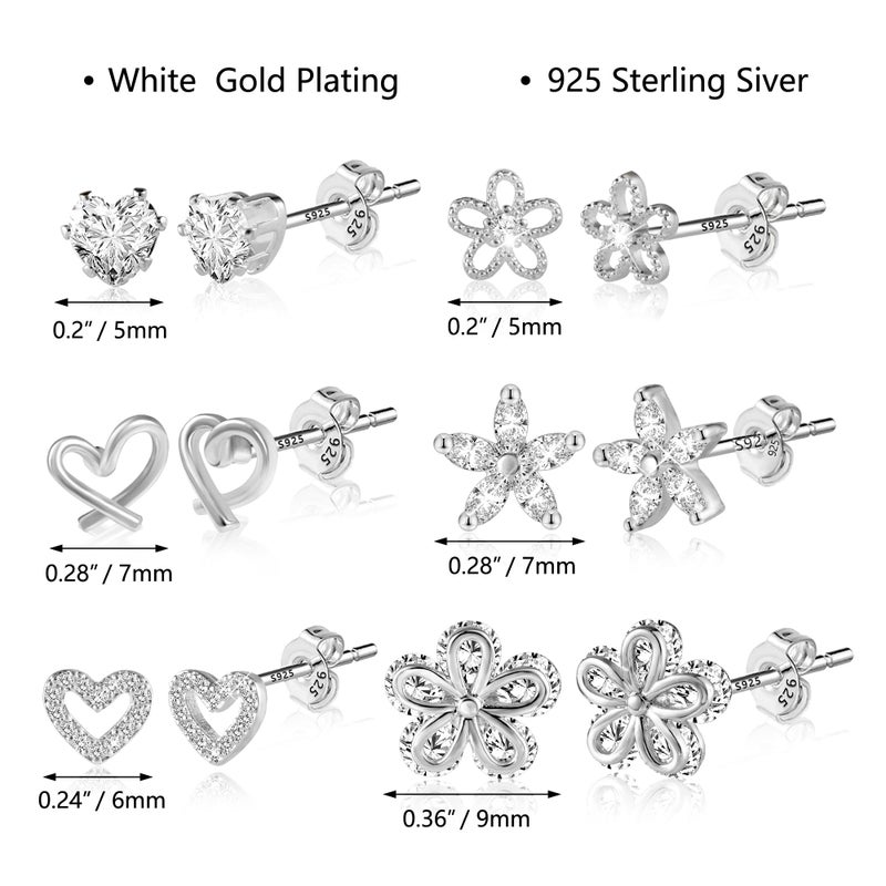 ALEXCRAFT 925 Sterling Silver Post Stud Earrings 6 Pairs Set 14K White Gold Plated Minimalist Earrings Heart Flower Zirconia Studs Star Heart Diamond Silver Earring for Women - Image 4