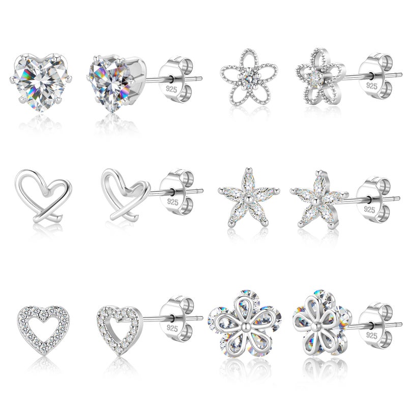 ALEXCRAFT 925 Sterling Silver Post Stud Earrings 6 Pairs Set 14K White Gold Plated Minimalist Earrings Heart Flower Zirconia Studs Star Heart Diamond Silver Earring for Women - Image 1