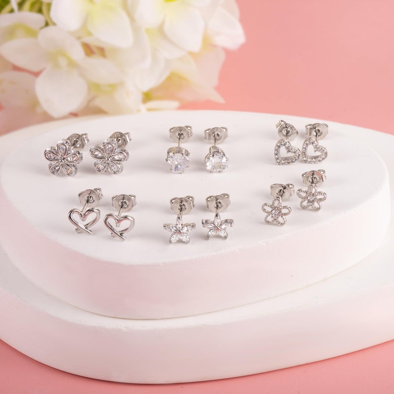 ALEXCRAFT 925 Sterling Silver Post Stud Earrings 6 Pairs Set 14K White Gold Plated Minimalist Earrings Heart Flower Zirconia Studs Star Heart Diamond Silver Earring for Women - Image 5